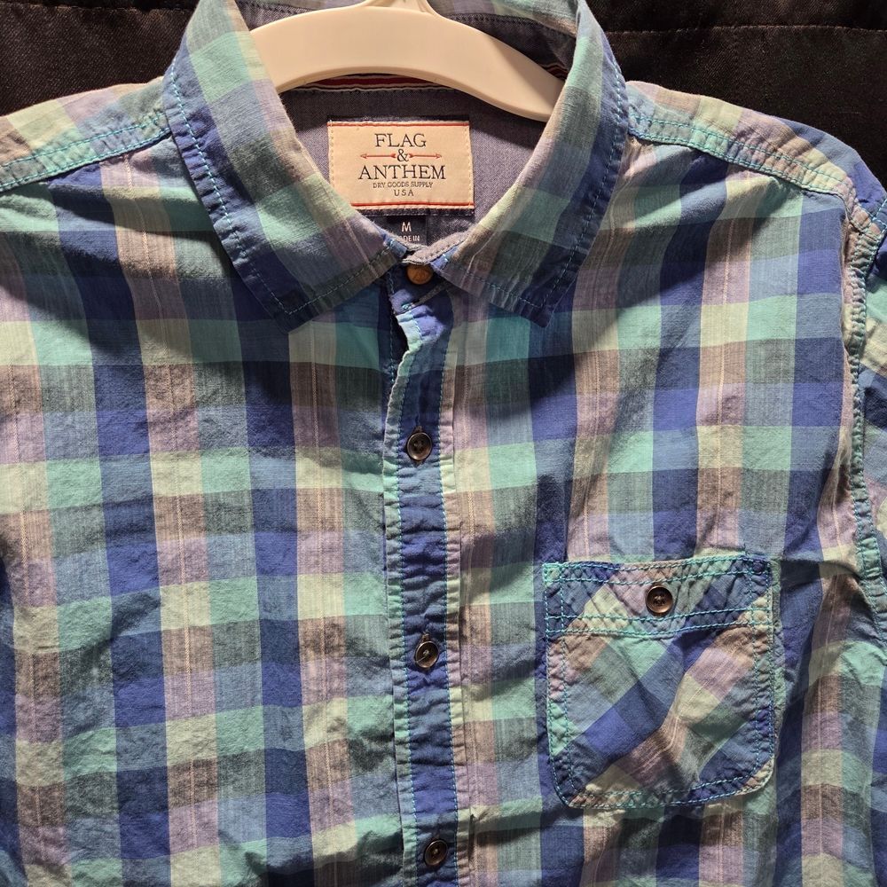 Flag & Anthem M Plaid Button Down Shirt Coastal Blue Aqua Snap Closure Cotton